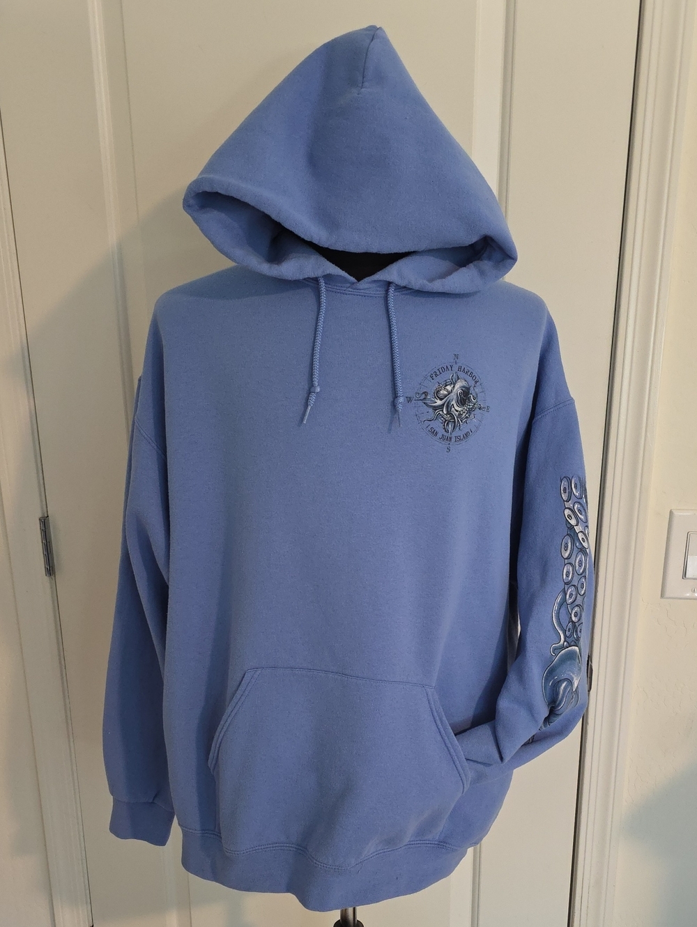 Light Blue Graphic Pullover Hoodie with Octopus Design On Sleeve and Back